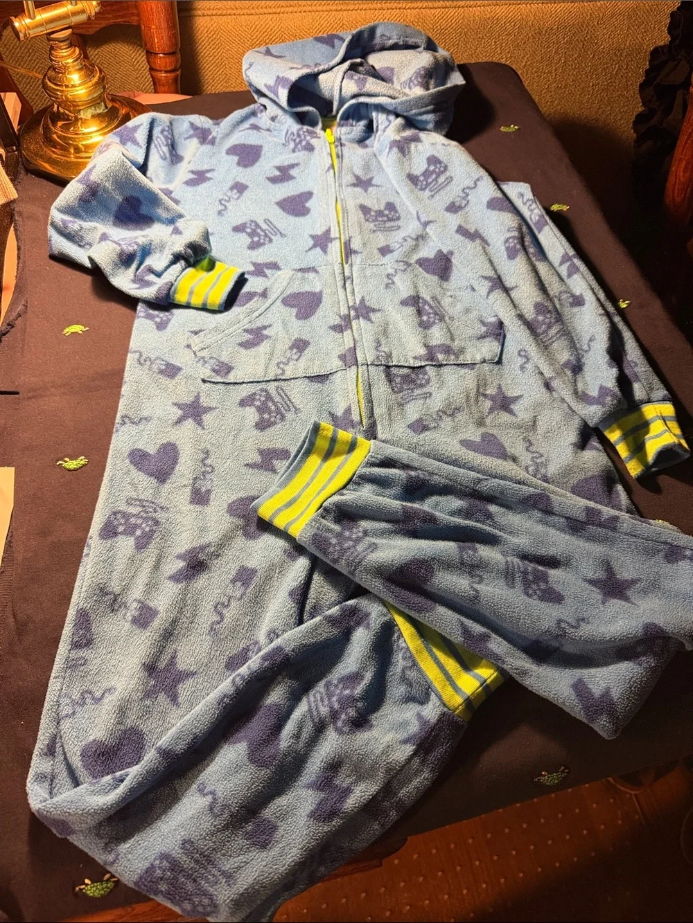 Cat & Jack Light Blue Hooded Zip Pajama Set with Purple Print and Yellow Trim